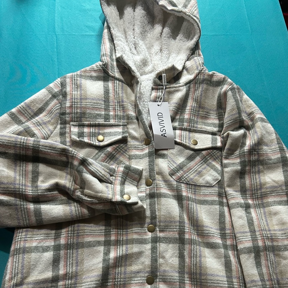 Avid  Plaid pink grey shacket  with Hood - Tan and Gray pink